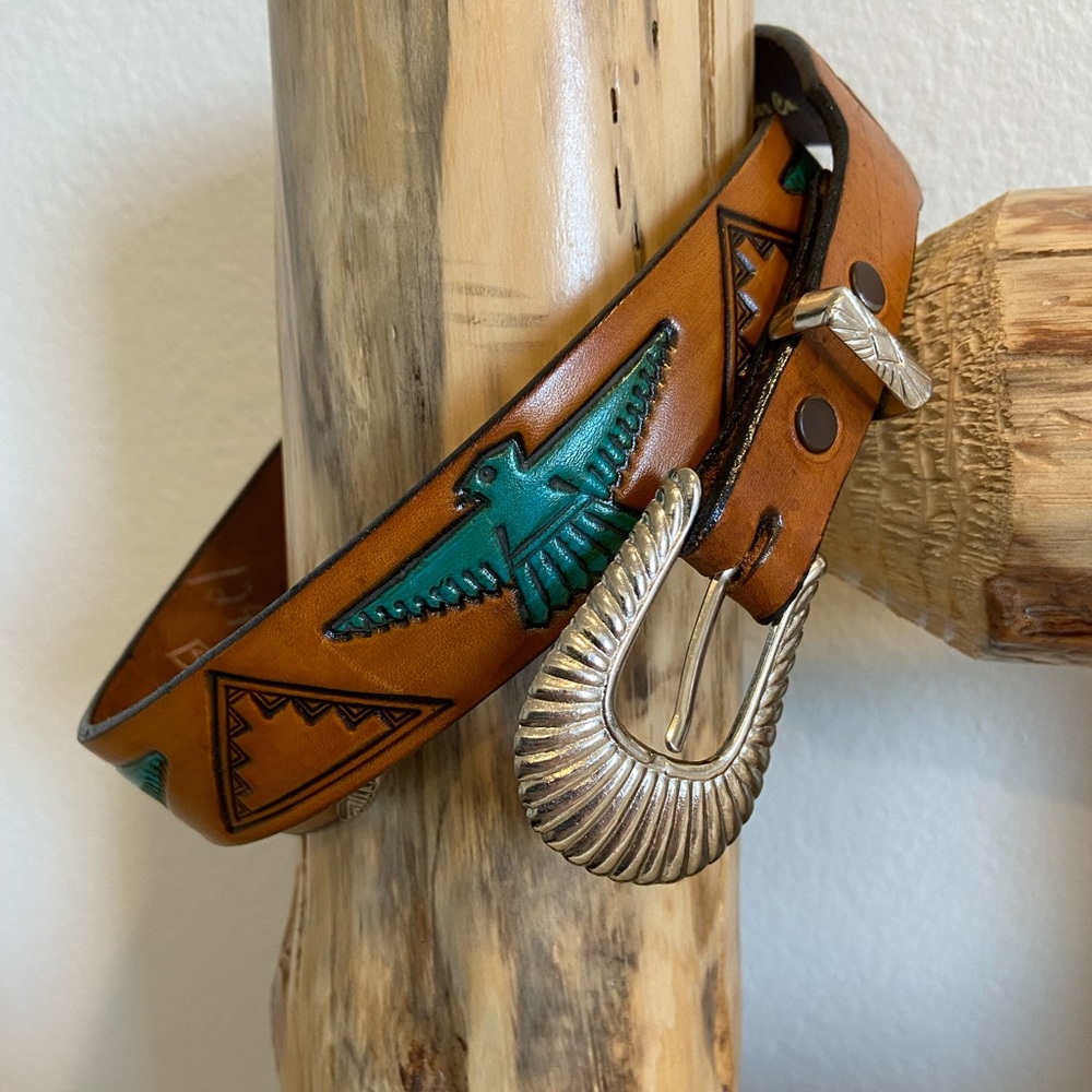 Handmade western leather thunder bird belt.